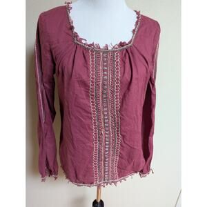 Purple Embroidered Fringe Blouse Women’s Square Neck Long Sleeve Cotton Pullover